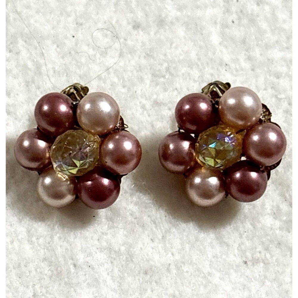 Vintage JAPAN Pink Faux Pearl AB Crystal Cluster Clip On Earrings MCM